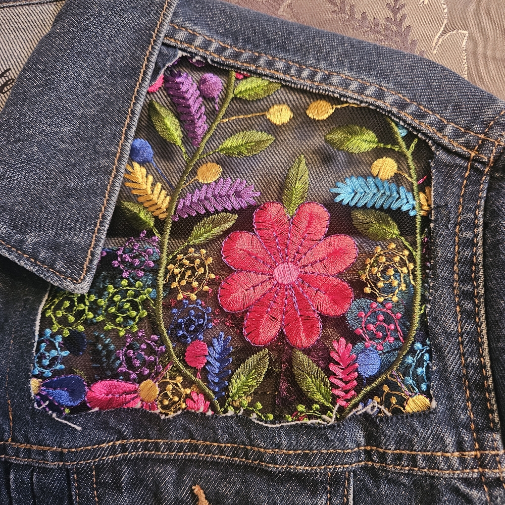 Embroidered Floral Denim Jacket - Blue - Picture 5 of 12